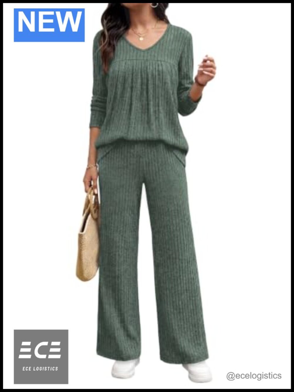 Womens 2 Piece Lounge Set V-Neck Pullover Wide Leg Pants Cozy Fall Winter